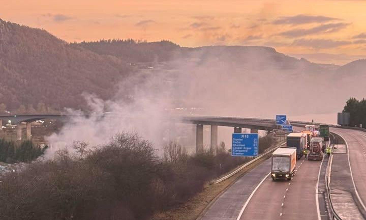 Smoke engulfs Perth's Friarton Bridge.