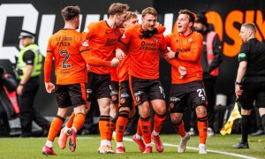 Dundee United's Sam Dalby is congratulated following his superbly take opener.