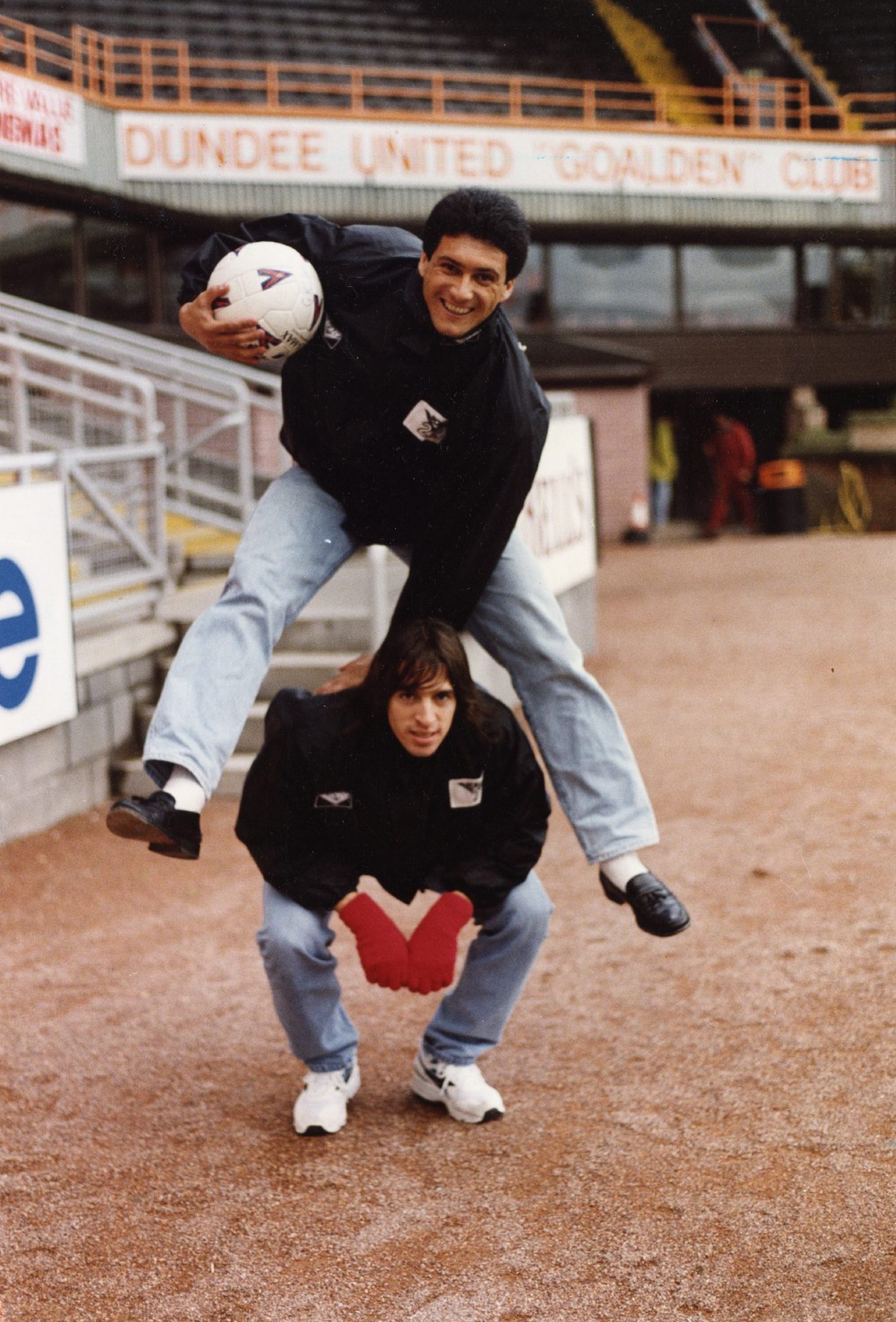 New Dundee United FC signings Sergio Gomes and Juan Ferreri pose for a picture, doing a leapfrog, at Tannadice after signing in January 1995. 