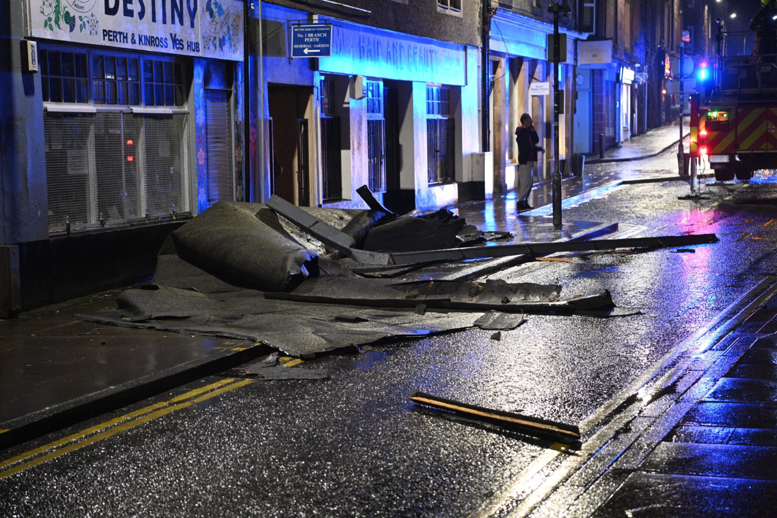 Debris on old High Street, Perth after roof flew off flats.