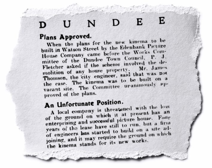 a newspaper clipping showing how the plans made headlines in the Kinematograph Weekly. 