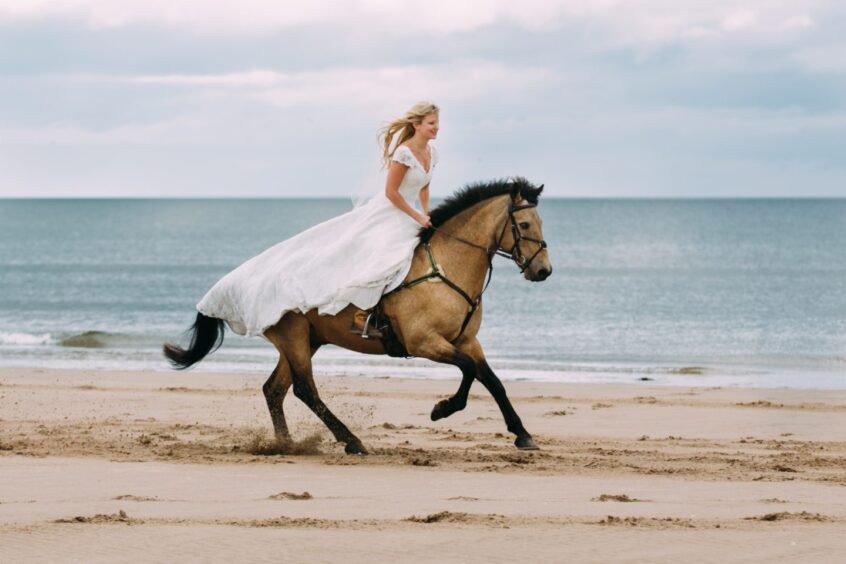 A bride riding a horse on the beach.