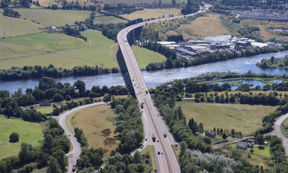 Aerial photo of Friarton Bridge carrying M90 over River Tay to east of Perth