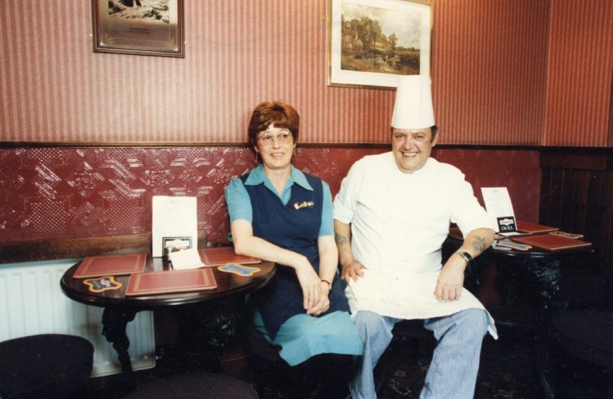 Sandy's bar staff members Kath Fyffe and Peter Bastianelli in 1998.