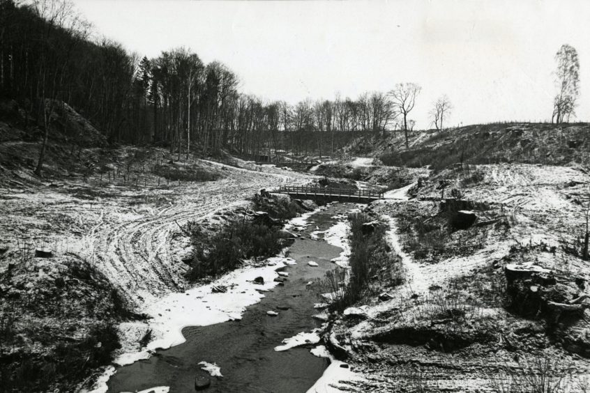 a burn and snowy fields at Quarrymill Den on the outskirts of Perth during the cold snap in 1985.