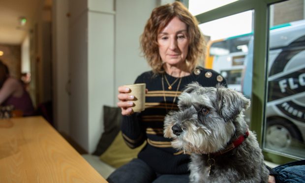 Alison Brant enjoys coffee with her dog, Rudi, at Eastfield on Dundee's Perth Road. Image: Kim Cessford.