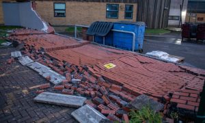 A wall succumbed to the high winds at Carnegie Primary School in Dunfermline on
Friday. Image: Kenny Smith/DC Thomson