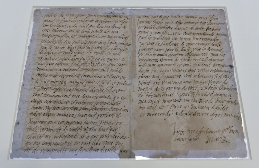 Mary Queen of Scots' final letter, written across two open pages displayed under glass