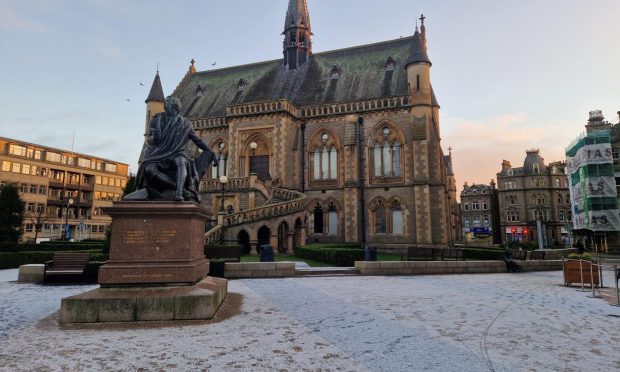 Snow outside the McManus in Dundee on Friday