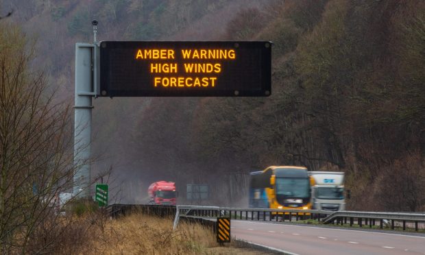 A sign alerting drivers to the amber warning on the A90 near Perth. Image: Steve MacDougall/DC Thomson