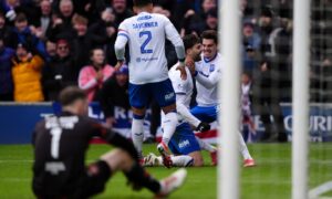 Rangers players celebrate Robin Propper's strike