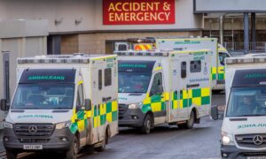 Ambulances queue at Victoria Hospital in Kirkcaldy in January 2025. Image: Steve Brown/DC Thomson