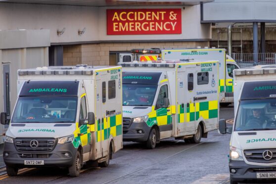 Ambulances queue at Victoria Hospital in Kirkcaldy in January 2025. Image: Steve Brown/DC Thomson