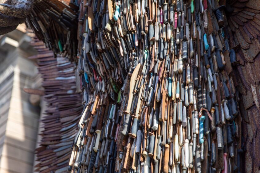 Close-up of Knife Angel statue showing layer upon layer of blades