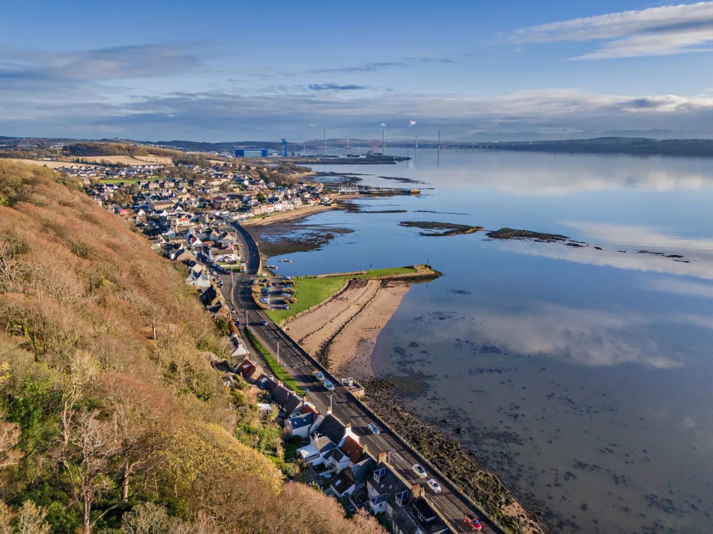 An aerial view of Limekilns and the Firth of Forth.