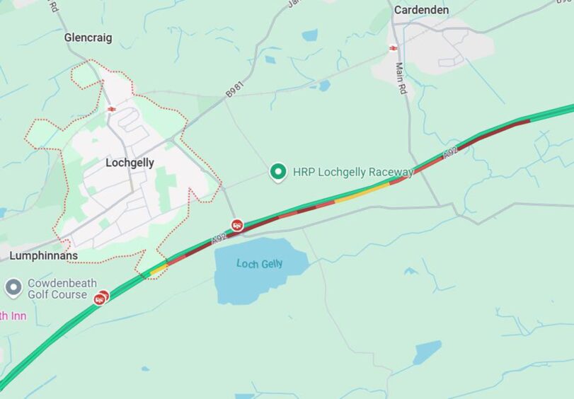 The queue of traffic on the A92 in Fife at 11.50am on Tuesday. 