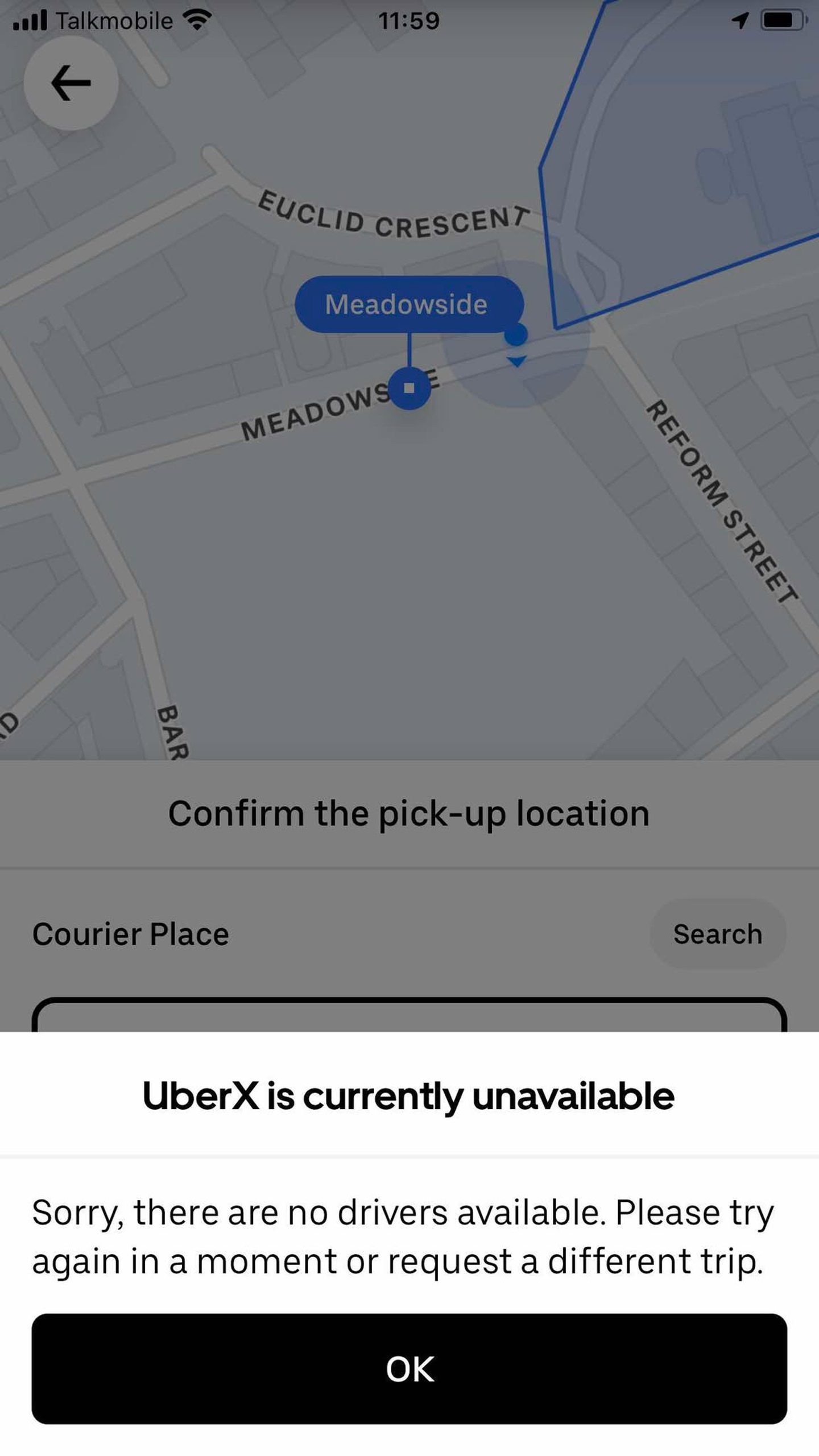 The message to Uber app users when they try to book a taxi in Dundee.