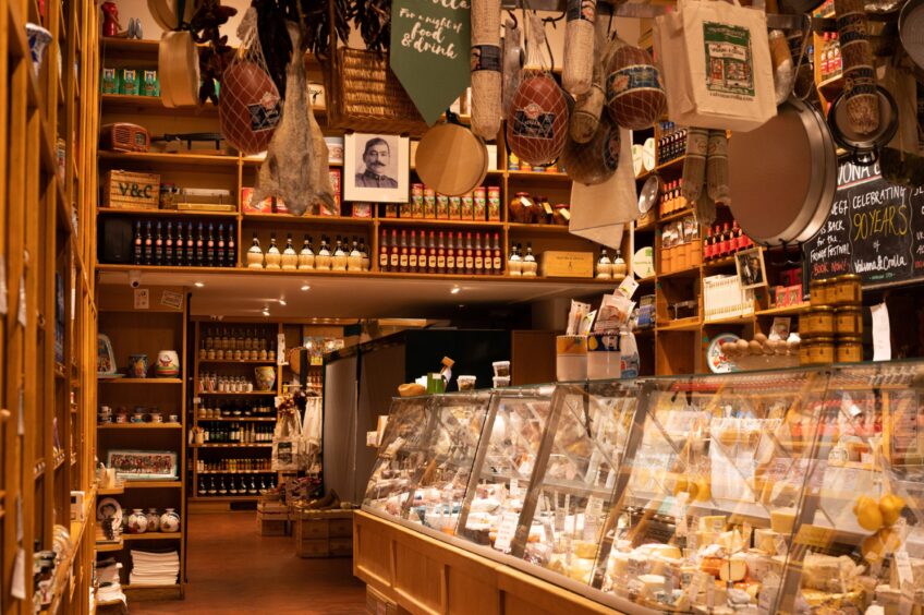 shelves and glass counters at Valvona & Crolla's famous Edinburgh deli.