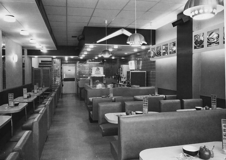 The inside of Arbroath Wimpy in 1970, showing booths and the service area