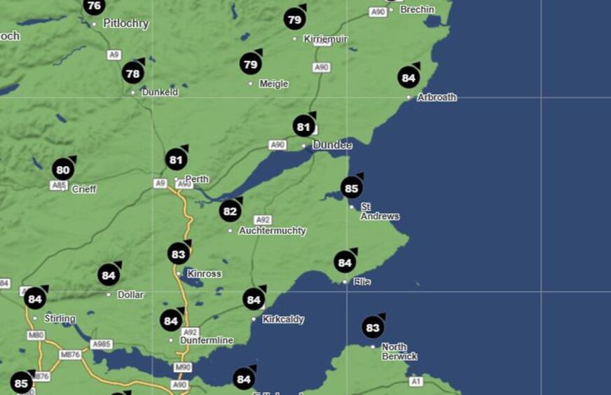 Wind speeds across the region at 2pm on Friday