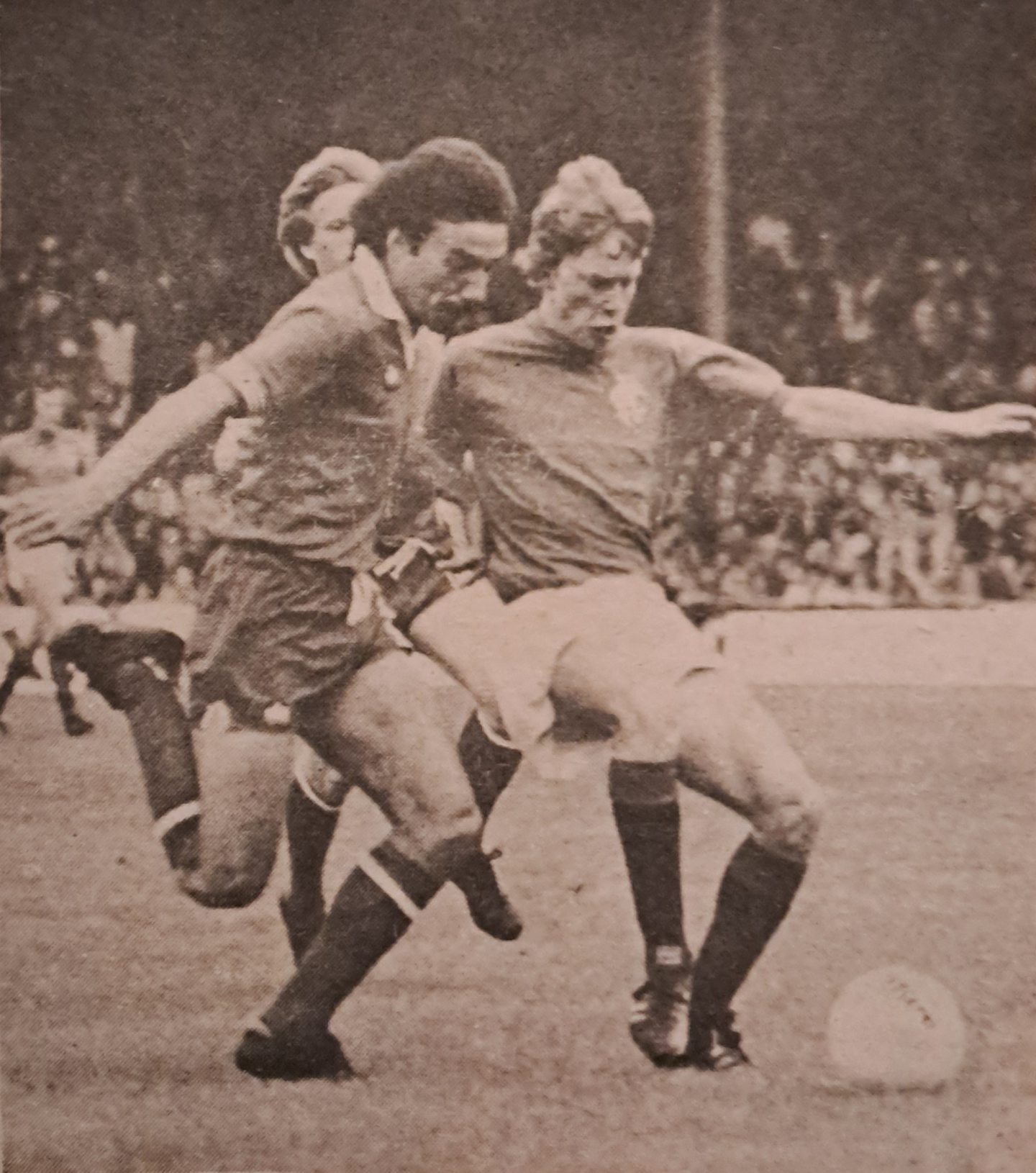 Rangers player Billy MacKay and Aberdeen's Willie Miller up against each other at Pittodrie. 