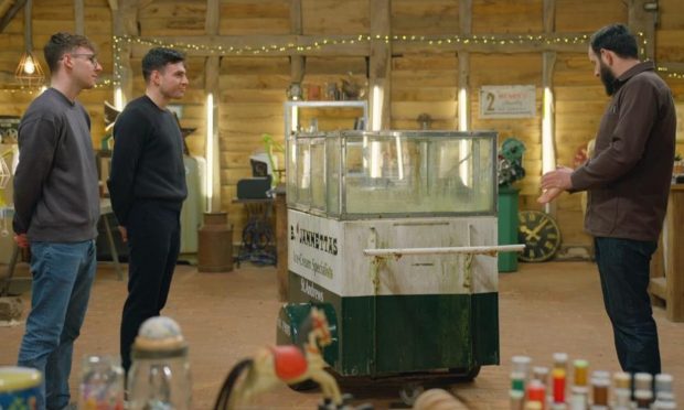 Lewis and Ross Hazel on The Repair shop with their Janettas ice cream cart and host Dominic Chinea. Image: BBC iPlayer