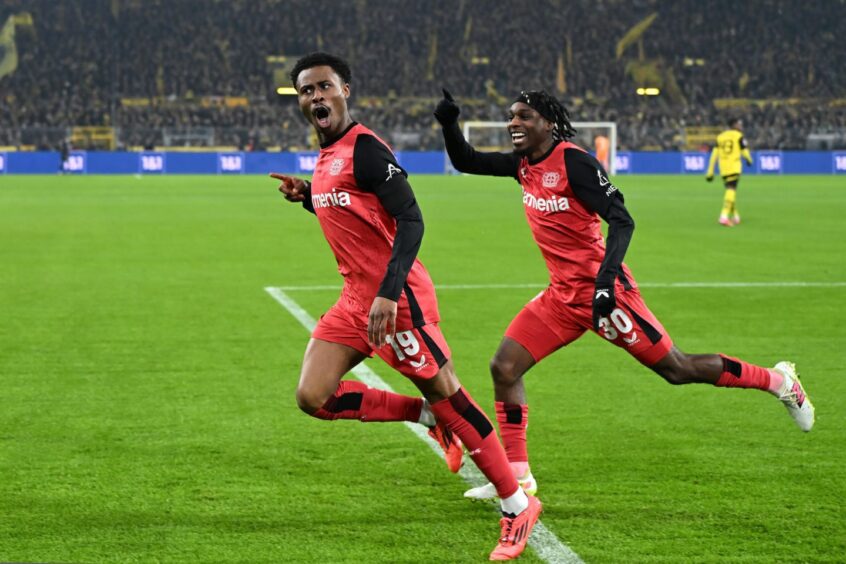 Nathan Tella, left, celebrates a goal against Borussia Dortmund earlier this month