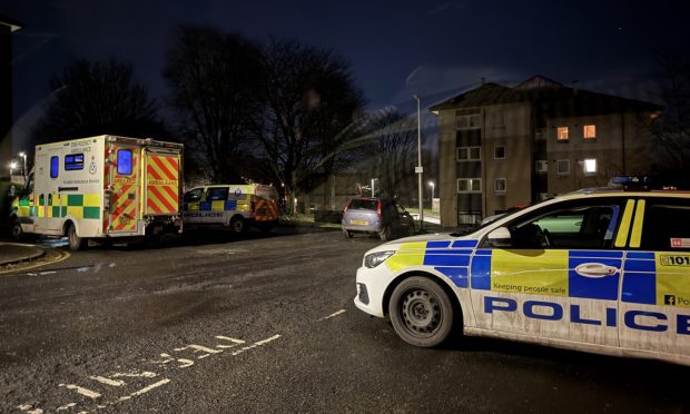 Several police cars and an ambulance attending an incident in Menzieshill.