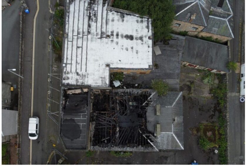 A bird's eye view of the dire-damaged listed building in Walmer Drive, Dunfermline