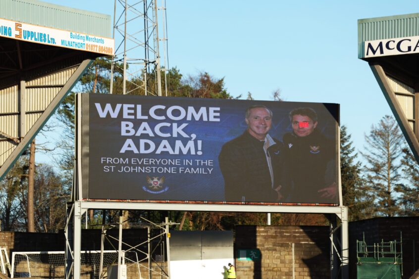 Adam Webb is welcomed back to McDiarmid Park with a message on the scoreboard.