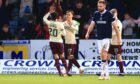 Hearts celebrate as Dundee capitulate. Image: David Young/Shutterstock