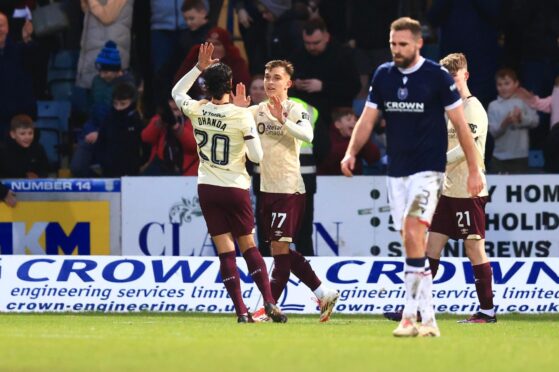 Hearts celebrate as Dundee capitulate. Image: David Young/Shutterstock