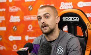 Lewis Fiorini talks to the media at a Dundee United press conference. Image: Mark Scates/SNS