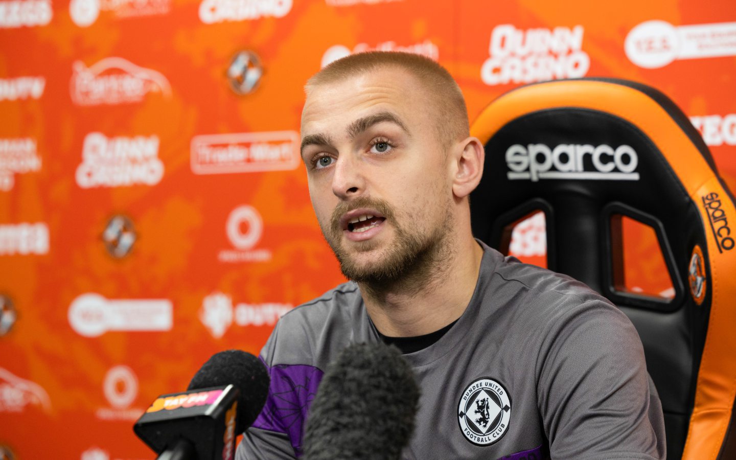 Lewis Fiorini talks to the media at a Dundee United press conference. Image: Mark Scates/SNS