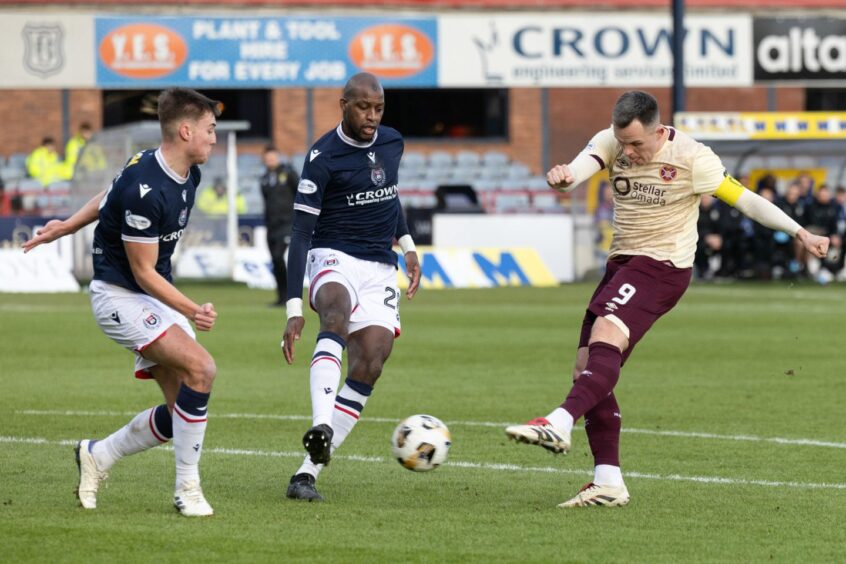 Lawrence Shankland scores at Dens Park