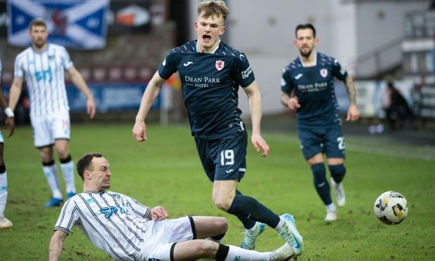 Raith Rovers attacker Finlay Pollock loses out to Dunfermline midfielder Chris Hamilton.