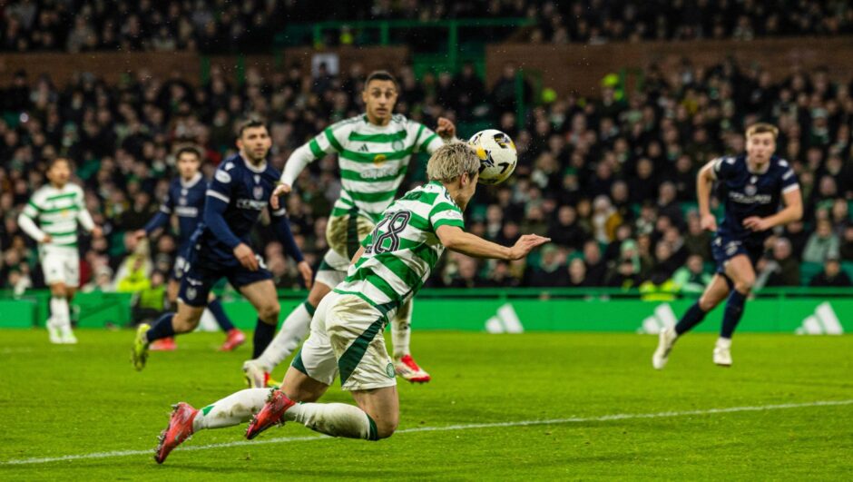 Daizen Maeda scores for Celtic in the 6-0 win over Dundee FC