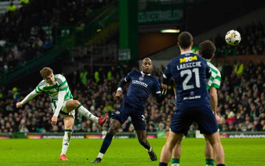 Arne Engels strikes to make it 5-0 for Celtic against Dundee. Image: Craig Foy/SNS