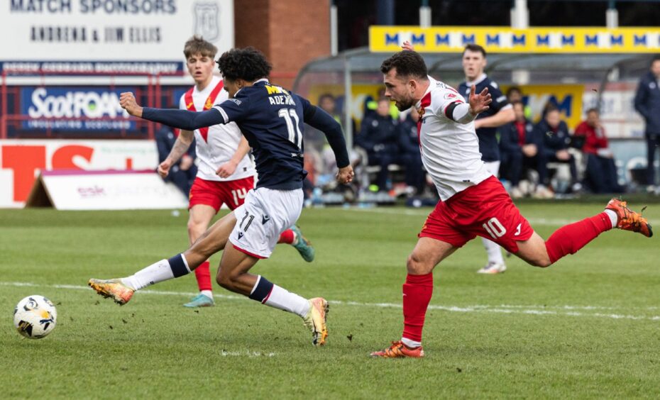 Seun Adewumi notches his fifth Dundee goal. Image: Mark Scates/SNS