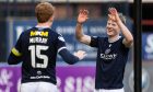 Lyall Cameron thanks Simon Murray after the frontman set him up for Dundee's fourth goal. Image: Mark Scates/SNS