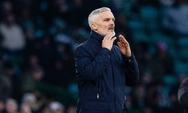 Dundee United boss Jim Goodwin dishes out instructions on the touchline.