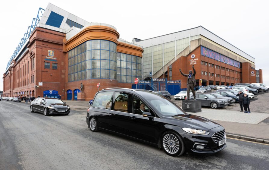 The hearse passed Ibrox Stadium on its way to Jimmy Calderwood's funeral 