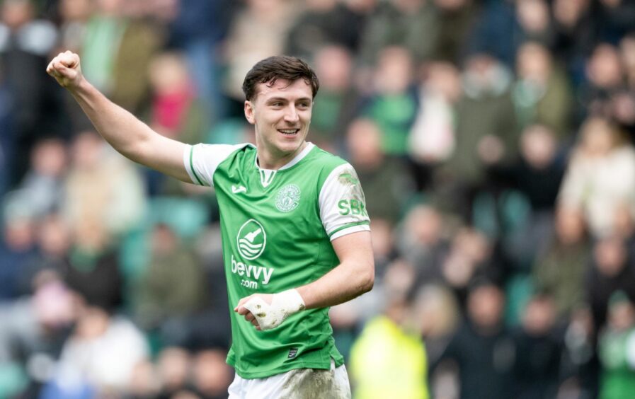 Paton's former Hibs teammate, Campbell, celebrates against Celtic