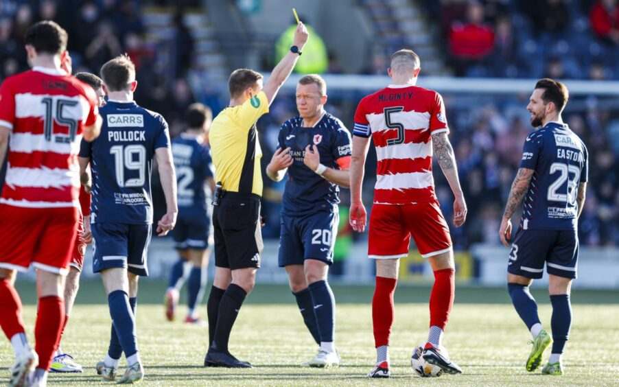 Scott Brown is shown a yellow card during Raith Rovers' 2-0 victory over Hamilton Accies.