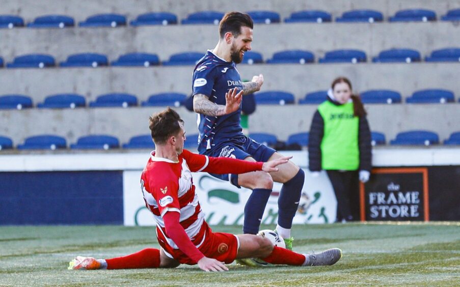 Dylan Easton is brought down for Raith Rovers' first-half penalty. 