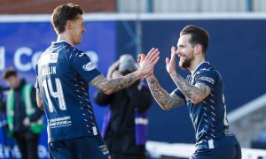 Dylan Easton celebrates Raith Rovers' opening goal with Josh Mullin.