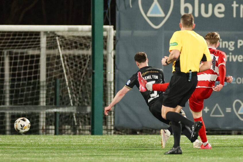 Stuart McKinstry drills in Hamilton Accies' winner against Dunfermline Athletic.