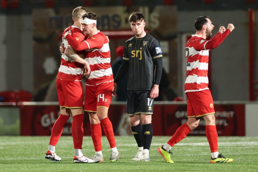 Hamilton Accies celebrate at full-time following their 1-0 victory over Dunfermline Athletic.