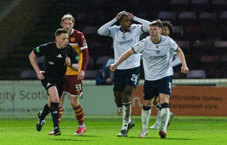 Dundee wanted a penalty but referee Lloyd Wilson said no. Image: Craig Foy/SNS