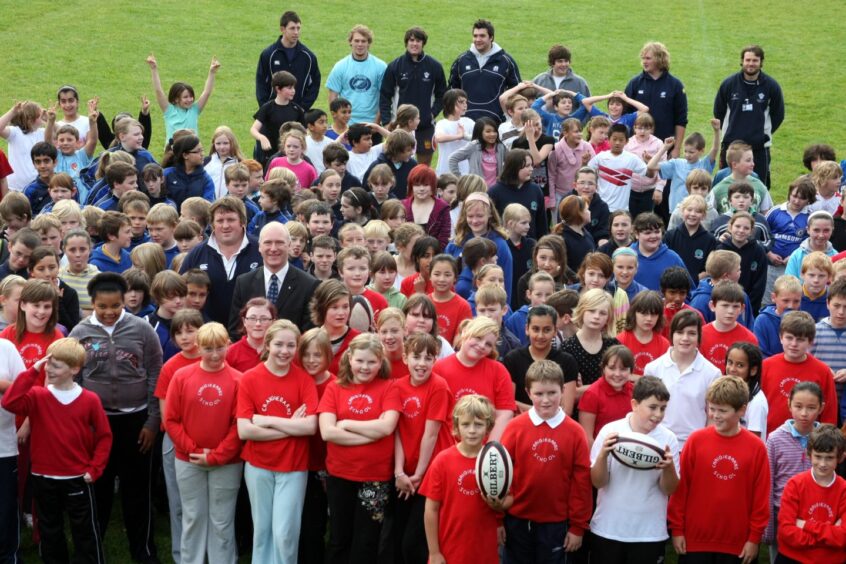 A group shot of some of those who took part, as hundreds of Dundee school children attended the Mayfield Gathering rugby festival in September 2009.